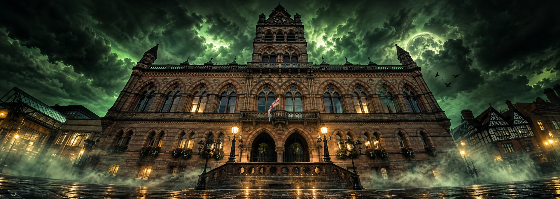 Chester Town Hall lit up at night beneath a green, stormy sky
