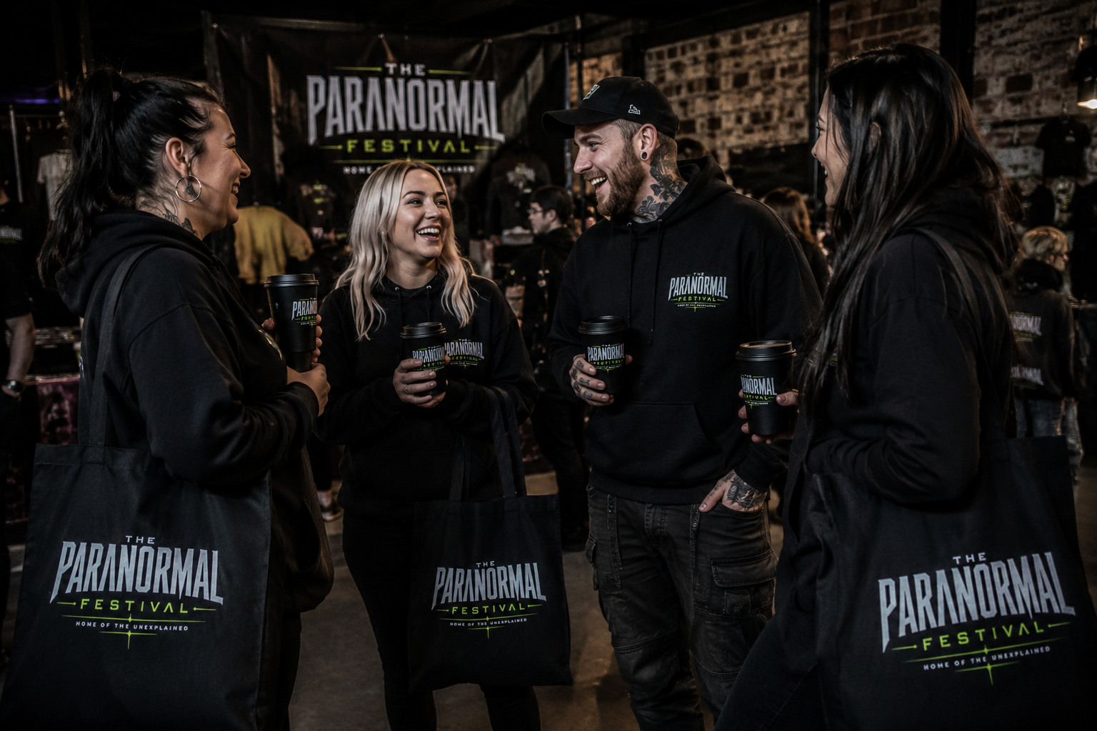 Festival-goers with The Paranormal Festival tote bags and cups